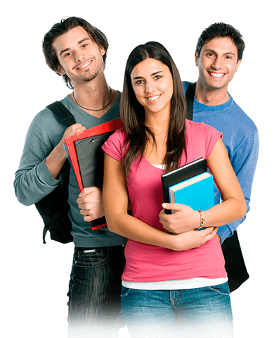 Three cheerful students excited about essay writing help