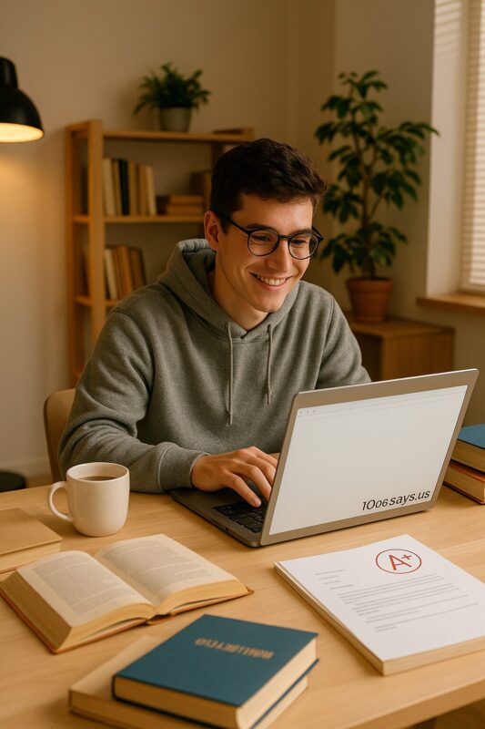 A student using an essay writer cheap service online, working on a laptop with notebooks and coffee.